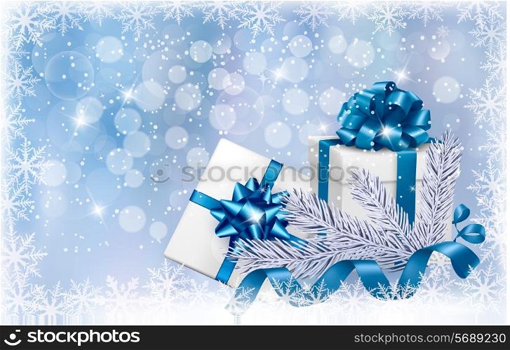 Christmas blue background with gift boxes and snowflake. Vector illustration.