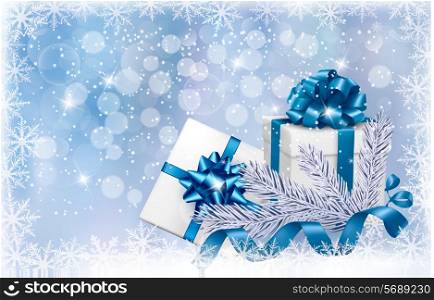 Christmas blue background with gift boxes and snowflake. Vector illustration.