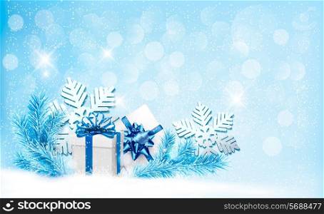 Christmas blue background with gift boxes and snowflakes. Vector