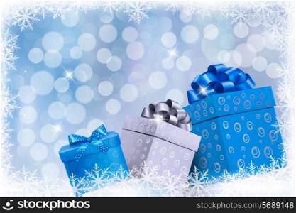 Christmas blue background with gift boxes and snowflakes. Vector illustration.