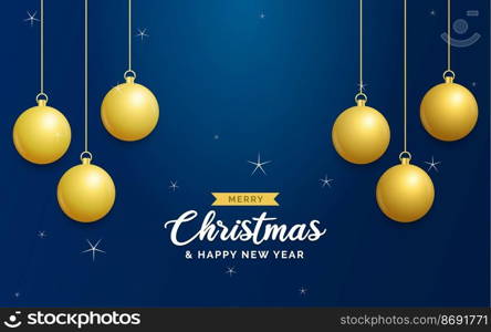 Christmas blue background with hanging shining golden balls. Merry christmas greeting card. Holiday Xmas and New Year poster. web banner