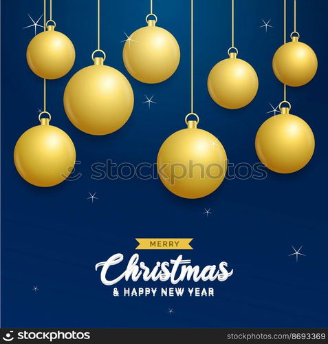 Christmas blue background with hanging shining golden balls. Merry christmas greeting card. Holiday Xmas and New Year poster. web banner