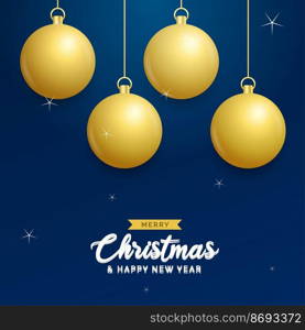 Christmas blue background with hanging shining golden balls. Merry christmas greeting card. Holiday Xmas and New Year poster. web banner