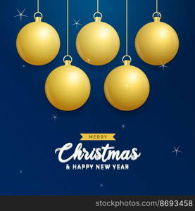 Christmas blue background with hanging shining golden balls. Merry christmas greeting card. Holiday Xmas and New Year poster. web banner