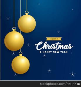 Christmas blue background with hanging shining golden balls. Merry christmas greeting card. Holiday Xmas and New Year poster. web banner