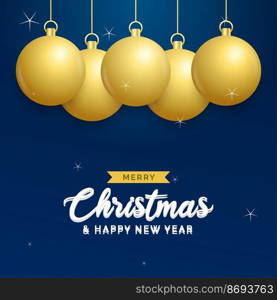 Christmas blue background with hanging shining golden balls. Merry christmas greeting card. Holiday Xmas and New Year poster. web banner