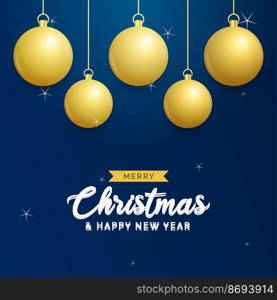 Christmas blue background with hanging shining golden balls. Merry christmas greeting card. Holiday Xmas and New Year poster. web banner