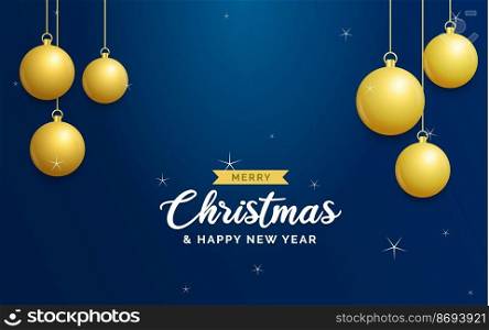 Christmas blue background with hanging shining golden balls. Merry christmas greeting card. Holiday Xmas and New Year poster. web banner