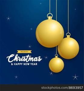 Christmas blue background with hanging shining golden balls. Merry christmas greeting card. Holiday Xmas and New Year poster. web ban≠r
