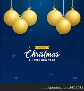 Christmas blue background with hanging shining golden balls. Merry christmas greeting card. Holiday Xmas and New Year poster. web banner