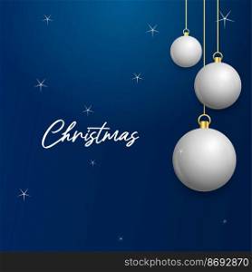 Christmas blue background with hanging shining white and Silver balls. Merry christmas greeting card