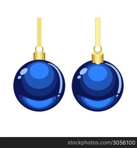 Christmas blue cartoon vector ornaments with golden hanging isolated on white background