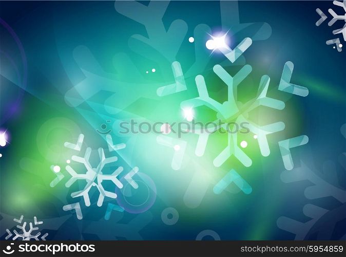Christmas blue color abstract background with white transparent snowflakes. Holiday winter template, New Year layout