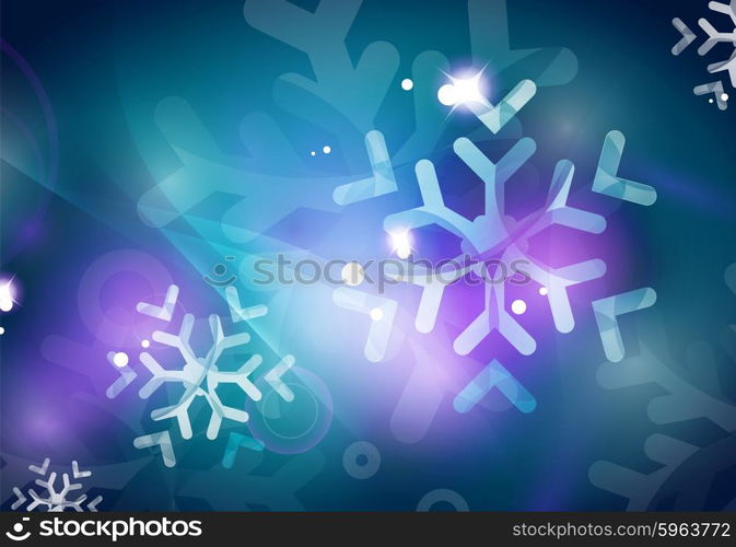 Christmas blue color abstract background with white transparent snowflakes. Holiday winter template, New Year layout