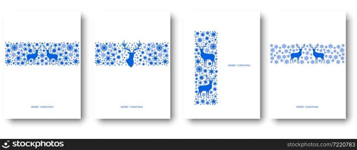 Christmas blue pattern. Happy New Year background. Xmas reindeer, gifts, snowflakes. Vector decoration for greeting card.
