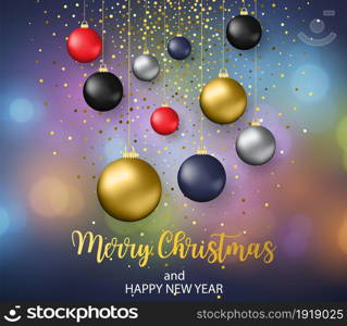 Christmas blurred background with bauble. Merry Christmas and Happy New Year greeting card. Vector illustration. .. Christmas blurred background with bauble