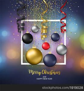 Christmas blurred background with bauble. Merry Christmas and Happy New Year greeting card. Vector illustration. .. Merry Christmas and Happy New Year