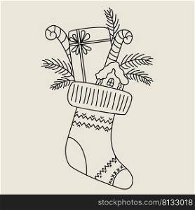 Christmas boot. Gingerbread house, caramel candies, new year gift and christmas tree. Vector illustration sketch. linear drawing outline. For New Year cards, greetings, prints