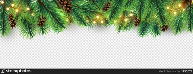 Christmas border. Holiday garland isolated on transparent background. Vector Christmas tree branches, lights and cones. Festive banner design. Christmas branch coniferous garland border illustration. Christmas border. Holiday garland isolated on transparent background. Vector Christmas tree branches, lights and cones. Festive banner design