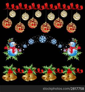 Christmas borders with balls, ribbon, snowman, snowflake, bells (can be repeated and scaled in any size)