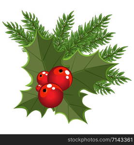 Christmas bouquet, Christmas and new year greetings, red berries and Holly leaves, spruce branches as a festive symbol of Christmas, vector illustration