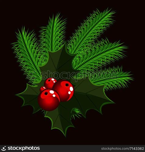 Christmas bouquet, Christmas and new year greetings, red berries and Holly leaves, spruce branches as a festive symbol of Christmas, vector illustration