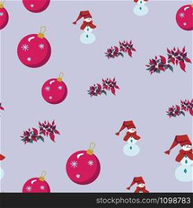 Christmas bubble, snowman and poinsettia seamless pattern. Festive endless design. Holiday decor wrapping paper, background. Colorful vector illustration in flat cartoon style.. Christmas bubble, snowman and poinsettia seamless pattern.