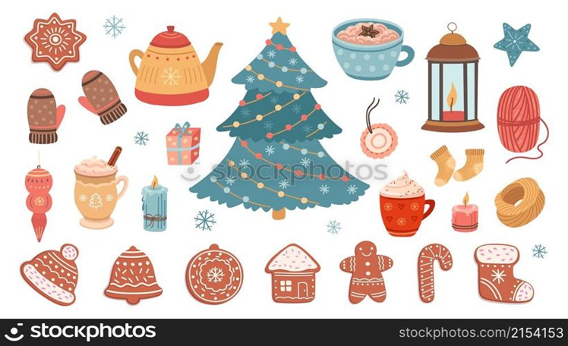 Christmas bundle. Gingerbreads, xmas tree and cozy things. Scandinavian new year decorative elements, coffee and sweets vector set. Illustration of christmas winter holiday elements. Christmas bundle. Gingerbreads, xmas tree and cozy things. Scandinavian new year decorative elements, coffee and sweets vector set