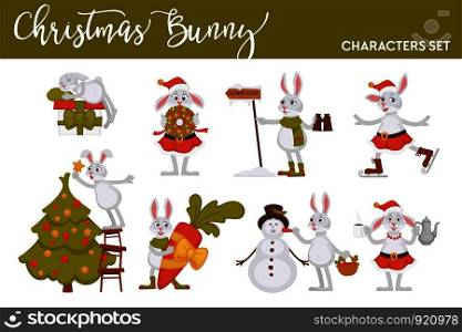 Christmas bunny rabbit Santa cartoon character vector icons for New Year greeting card design template. Winter holiday bunny with carrot gift tree lights decoration or skating with snowman. Christmas bunny rabbit Santa cartoon character vector icons for New Year greeting card design template.