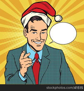 Christmas businessman pointing finger, pop art retro comic book illustration