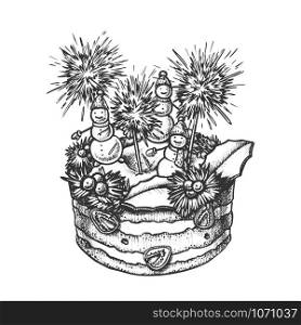Christmas Cake Decorated With Snowmen Ink Vector. Christmas Pie Decorate Sparklers, Slice Strawberry And Berries Engraving Template Hand Drawn In Vintage Style Black And White Illustration. Christmas Cake Decorated With Snowmen Ink Vector