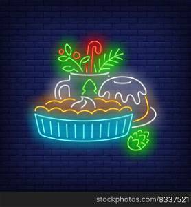 Christmas cakes and drink neon sign. Glowing neon pie, mug, fir tree twigs. New year, Christmas, winter. Vector illustration in neon style for greeting card, invitation, announcement