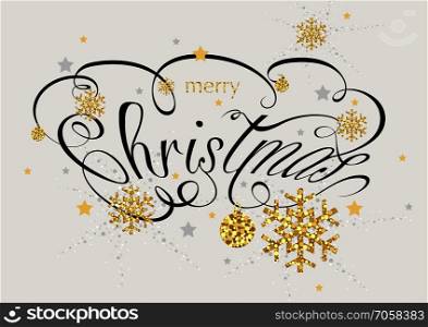 Christmas Calligraphic Inscription with Golden Snowflakes