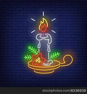 Christmas candle in copper bowl neon sign. Fire, comfort, Christmas. Night bright advertisement. Vector illustration in neon style for poster, banner