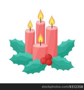 Christmas candles and holly leaves isolated. Flat vector illustration of four burning red candles and ilex leaf and berries. Composition of Christmas Advent symbol.. Christmas candles and holly leaves isolated. Flat vector illustration of four burning red candles and ilex leaf and berries. Composition of Christmas Advent symbol