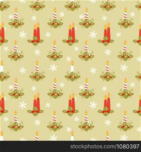 Christmas candles and snowflake seamless pattern.
