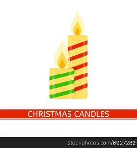 Christmas Candles Isolated. Vector illustration of striped burning Christmas candles isolated on white background, in flat style.