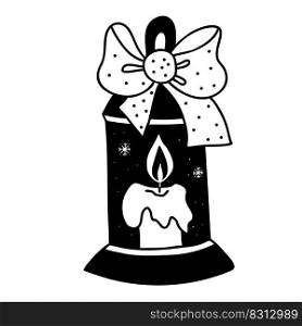 Christmas candlestick with candle and bow. Vector hand drawing in doodle style. For holiday decor, design, decoration and printing