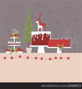 Christmas Candy bar with cakes and cupcakes. Vector illustration. . Christmas Candy bar with cakes and cupcakes.