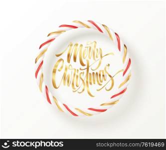 Christmas candy striped red, golden and white round frame with a gold inscription Merry Christmas. Vector illustration EPS10. Christmas candy striped red, golden and white round frame with a gold inscription Merry Christmas. Vector illustration