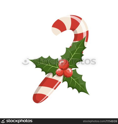 Christmas candy with holly, cartoon vector illustration