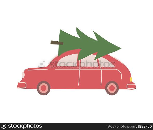 Christmas car toy delivery christmas tree, retro, vintage. Vector illustration cartoon flat style isolated. Christmas car toy delivery christmas tree, retro, vintage. Vector illustration cartoon flat style