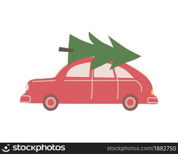 Christmas car toy delivery christmas tree, retro, vintage. Vector illustration cartoon flat style isolated. Christmas car toy delivery christmas tree, retro, vintage. Vector illustration cartoon flat style