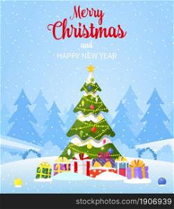 Christmas card. Christmas landscape background withwith christmas tree with gifbox. Merry christmas holiday. New year and xmas celebration. Vector illustration in flat style. Decorated Christmas tree