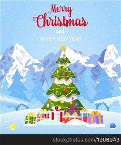 Christmas card. Christmas landscape background withwith christmas tree with gifbox. Merry christmas holiday. New year and xmas celebration. Vector illustration in flat style. Decorated Christmas tree