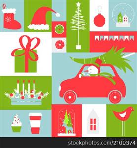 Christmas card. Christmas vector background with snowman and car.Vector illustration.. Christmas vector background with snowman and car.