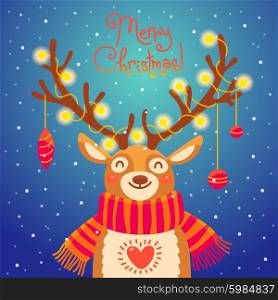 Christmas card Cute cartoon deer with garlands on the horns and scarf.. Christmas card with christmas santa reindeer. Cute cartoon deer with garlands on the horns and scarf. Merry christmas background. Vector illustration