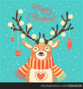 Christmas card Cute cartoon deer with garlands on the horns and scarf.. Christmas card with christmas santa reindeer. Cute cartoon deer with garlands on the horns and scarf. Merry christmas background. Vector illustration