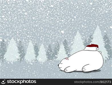 Christmas card design of white bear with santa claus hat in winter vector illustration