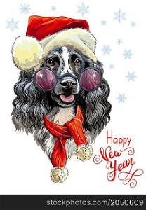 Christmas card. Funny spaniel dog portrait in christmas hat, scarf, snowflakes and lettering. Vector illustration. For decor, design, print, posters, stickers, t-shirt and embroidery. Christmas dog spaniel vector hand drawn illustration